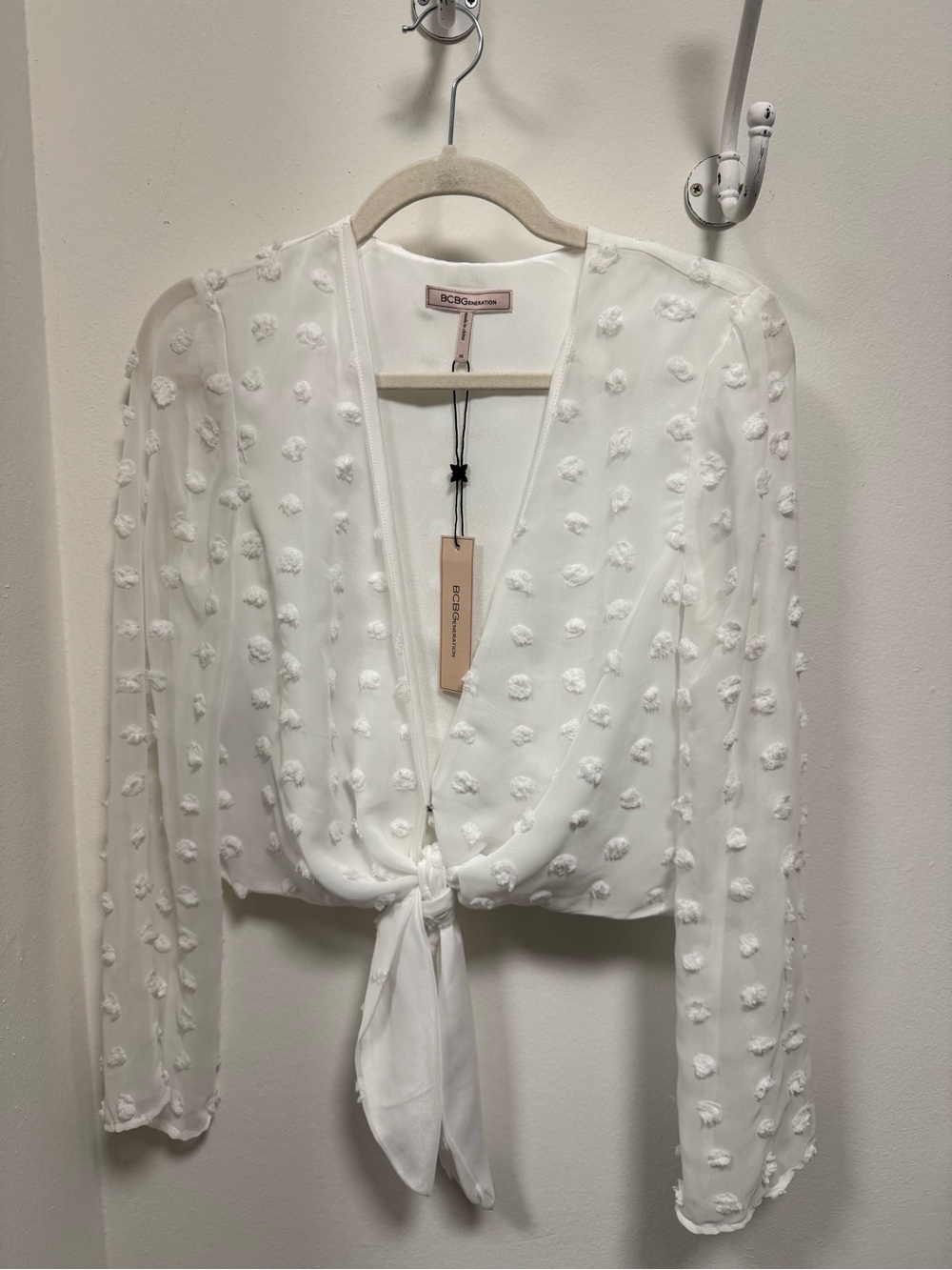 BCBGeneration White Tie-Front Swiss Dot Sheer Blouse